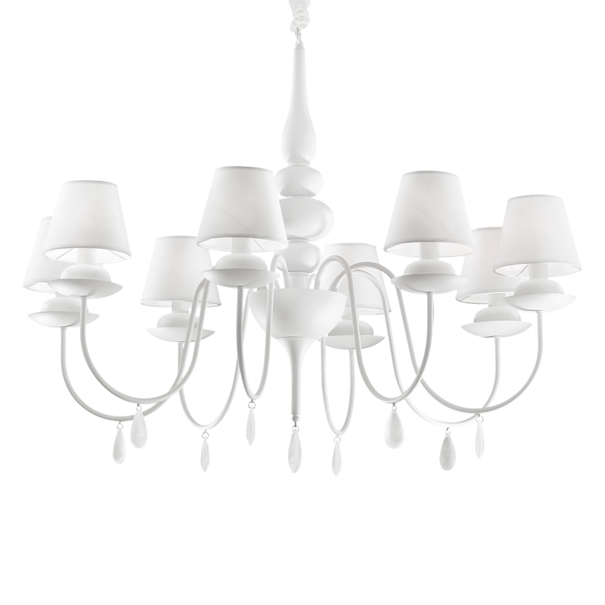 Lámpara colgante Ideal Lux Blanche blanco cristal y tela 8 luces 320W Ø92cm 035574