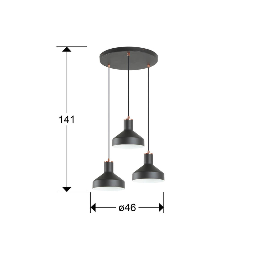 Lámpara de techo colgante Schuller Irias 3 luces negro y cobre satinado Ø46cm 12546 dimensiones