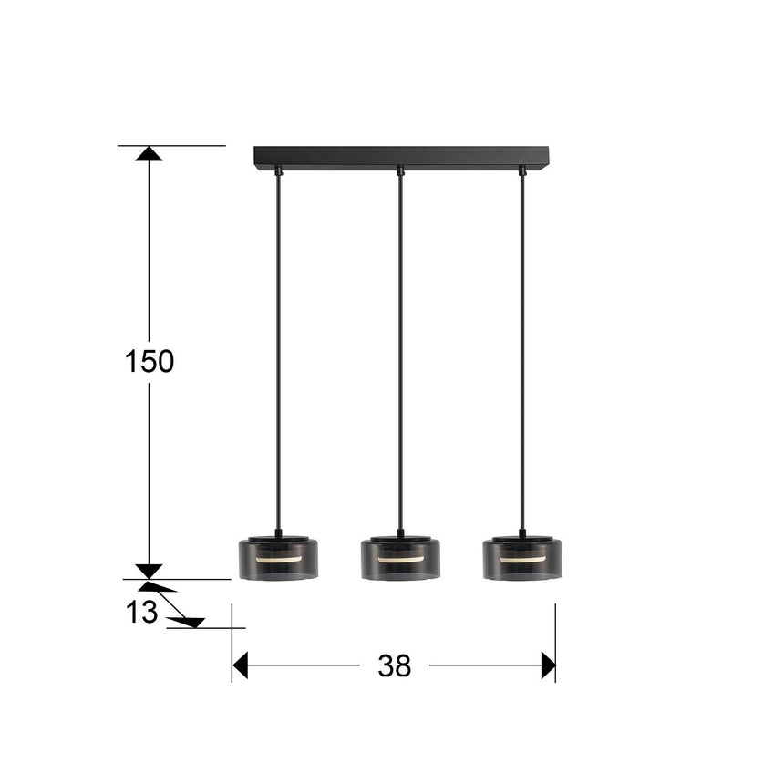 Lámpara de techo colgante Schuller Olaia 3 luces negro y smoky 3000K 12670 dimensiones