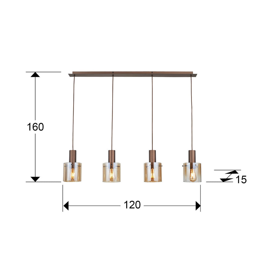 Lámpara de techo colgante Schuller Venize 4 luces cobre satinado y ambar 12999 dimensiones