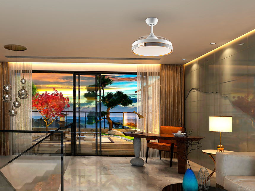 Ventilador de techo plafón retráctil Schuller Herón LED blanco y oro CCT regulable 175180D