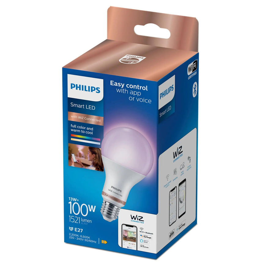 Philips Bombilla LED inteligente WiZ E27 globo 13W con WiFi y Bluetooth standard 100W RGB A67 372542