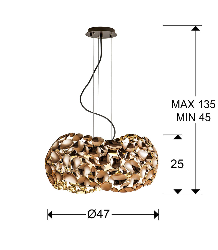 Medidas y dimensiones - Lámpara de techo colgante Schuller Narisa 5 luces oro rosa y marrón Ø47cm 266251N