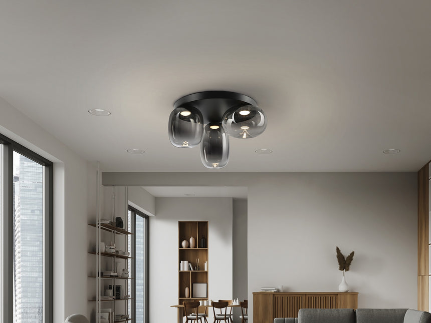Plafón Schuller Onice LED 3 luces negro y smoke difuminado cristal soplado 3000K Ø42cm vista 1