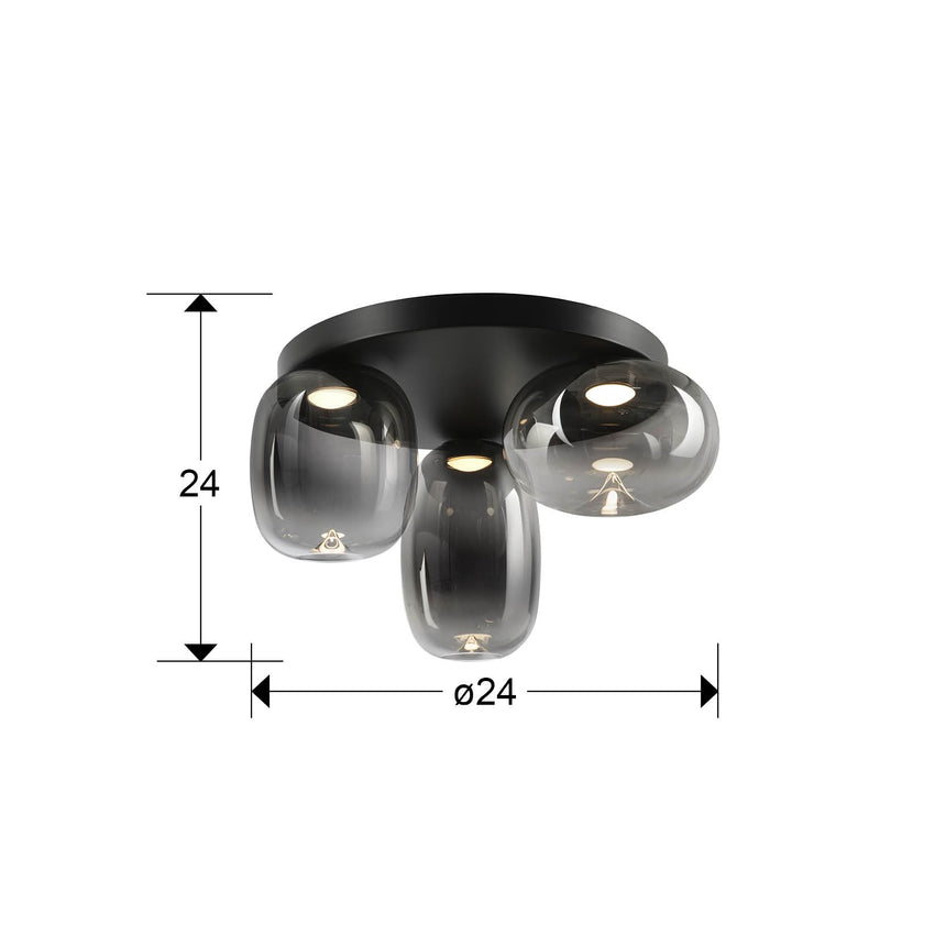 Plafón Schuller Onice LED 3 luces negro y smoke difuminado cristal soplado 3000K Ø42cm dimensiones