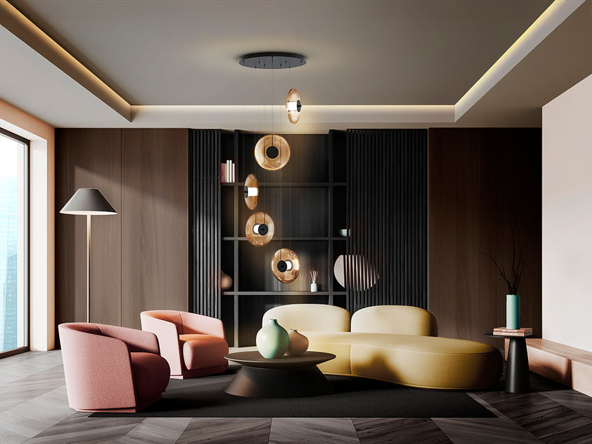 Lámpara de techo colgante Schuller Diabolo 5 luces negro y dorado 3000K 2 metros Ø58cm 327930