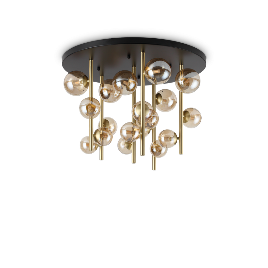 Plafón de techo Ideal Lux Perlage ámbar cristal 18 luces 270W Ø70cm 328379