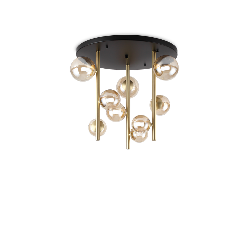 Plafón de techo Ideal Lux Perlage ámbar cristal 9 luces 135W Ø50cm 328409