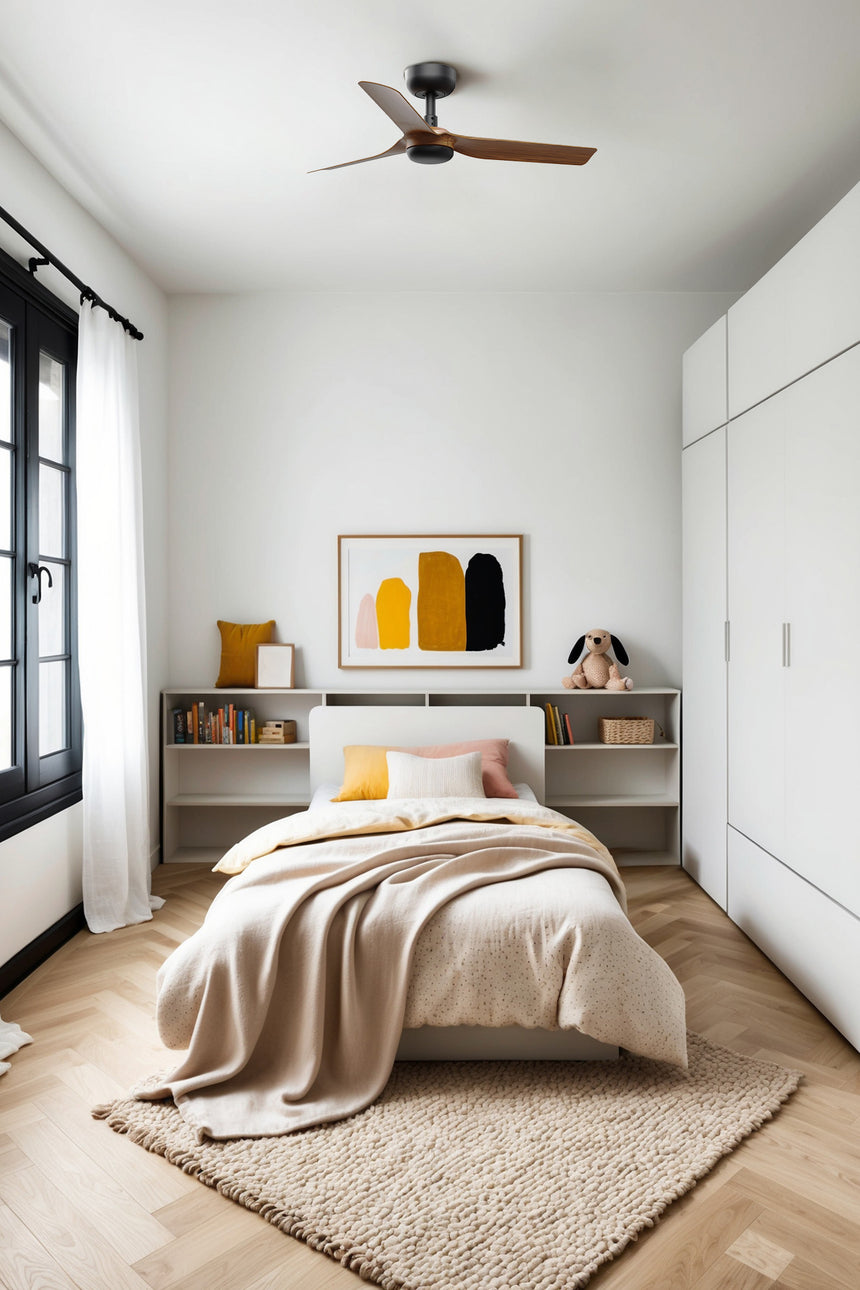 Ventilador de techo sin luz Faro Mini motor DC palas de madera nogal Ø90cm 3 palas 33823