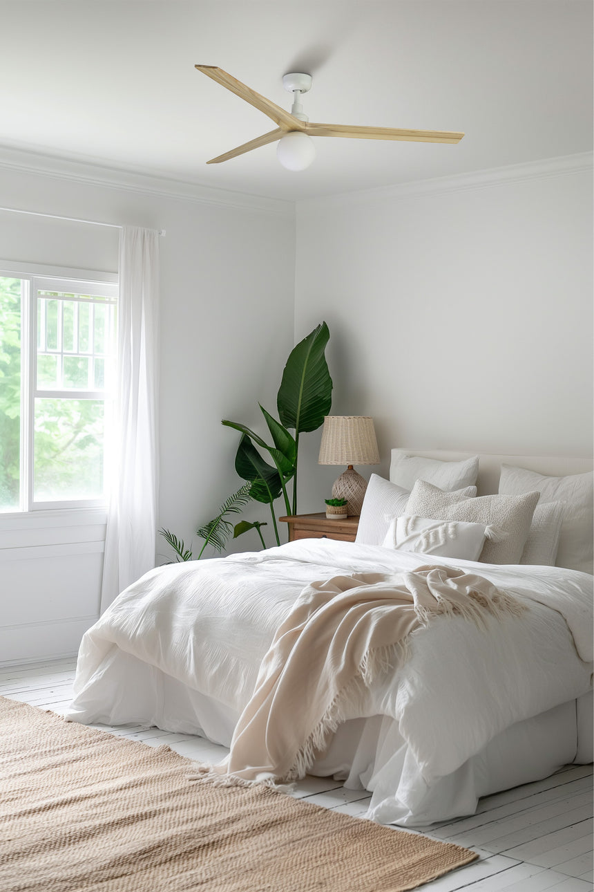 Ventilador de techo con luz Faro Klim motor DC palas de madera LED blanco y robl — ambiente