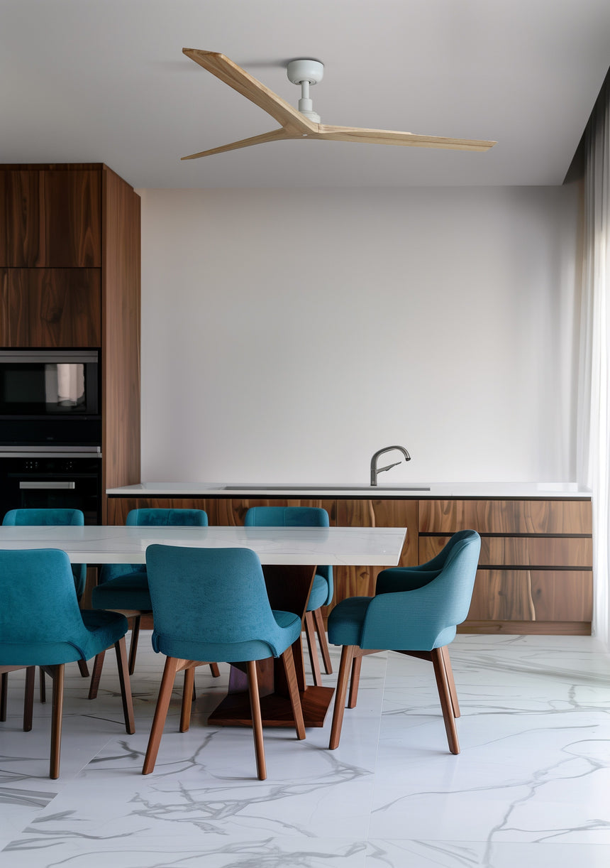 Ventilador de techo sin luz Faro Klim motor DC palas de madera blanco y roble Ø150cm 3 palas 34279