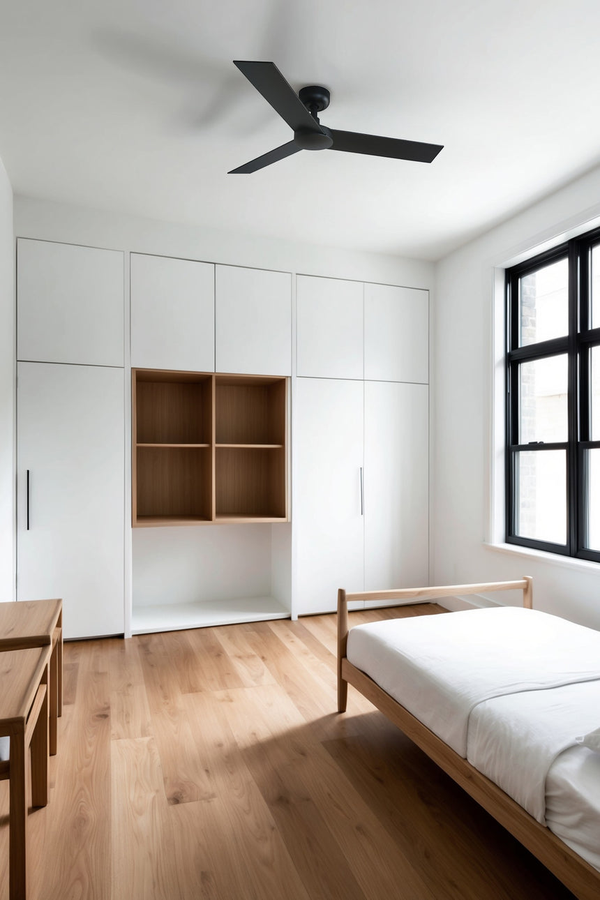 Ventilador de techo sin luz Faro Rudder motor DC palas de madera nogal Ø106cm 3 palas 34296