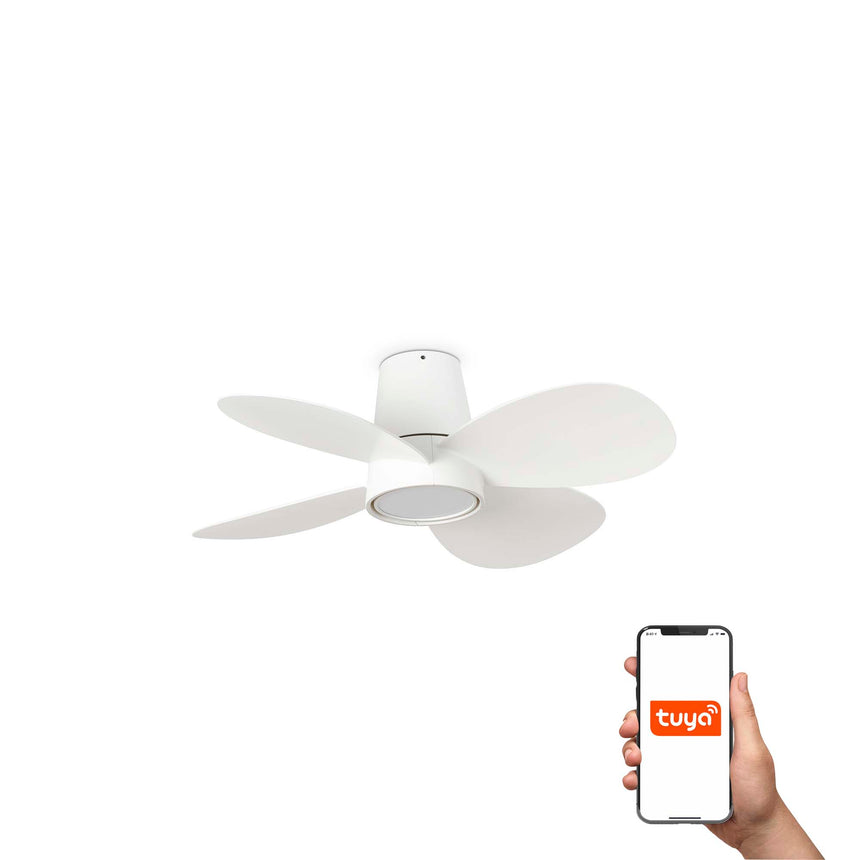 Ventilador de techo con luz Faro Klover Tub S LED blanco mate 4 palas motor DC 2700-6500K Ø80cm 34315WT