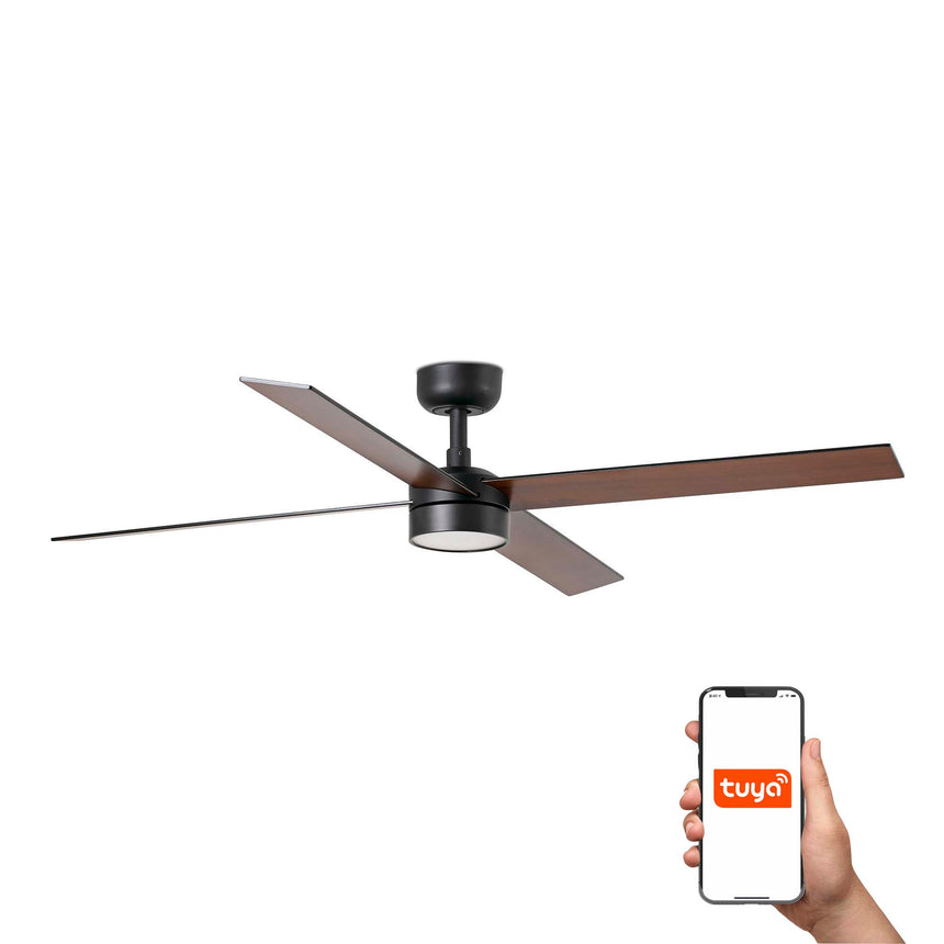 Ventilador de techo con luz Faro Rudder L 4 LED nogal 4 palas motor DC 2700-6500K Ø132cm 34356WT-1TW
