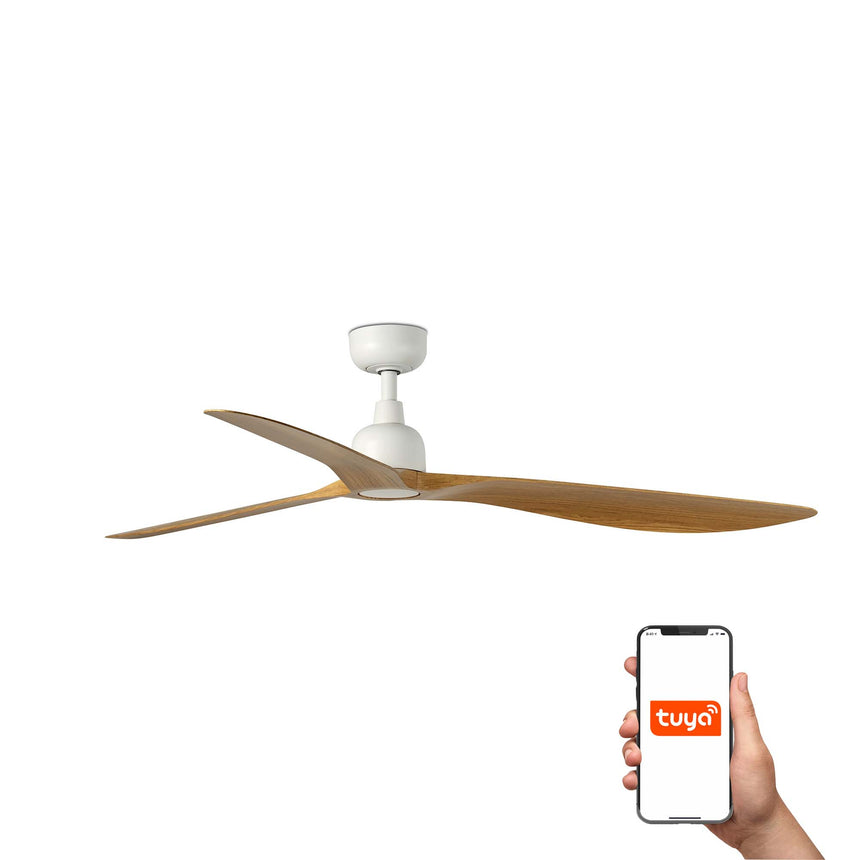 Ventilador de techo sin luz Faro Outwood motor DC palas de madera blanco y madera IP44 Ø150cm 3 palas 34361WT