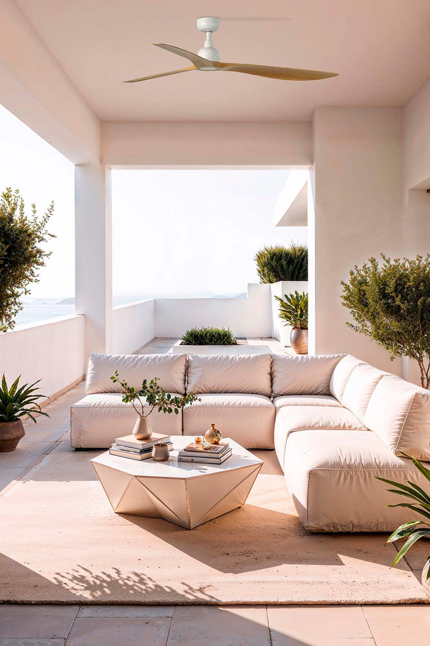 Ventilador de techo sin luz Faro Outwood motor DC palas de madera blanco y madera IP44 Ø150cm 3 palas 34361WT