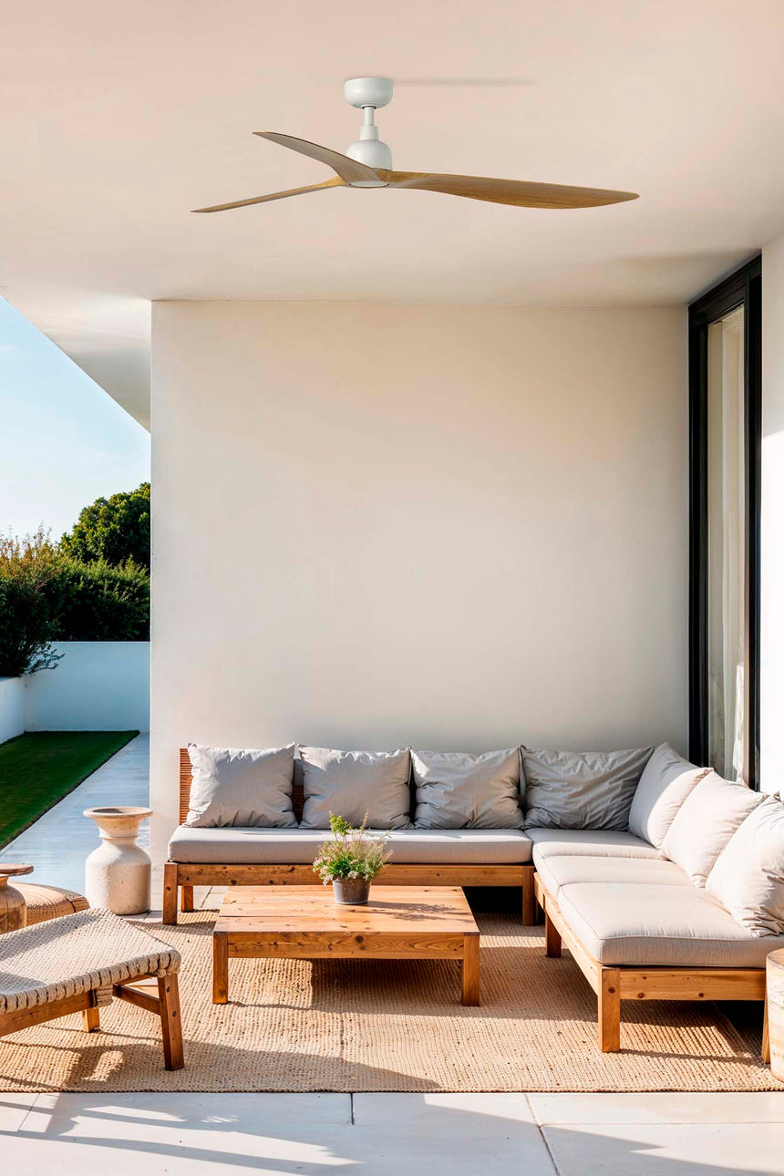 Ventilador de techo sin luz Faro Outwood motor DC palas de madera blanco y madera IP44 Ø150cm 3 palas 34361