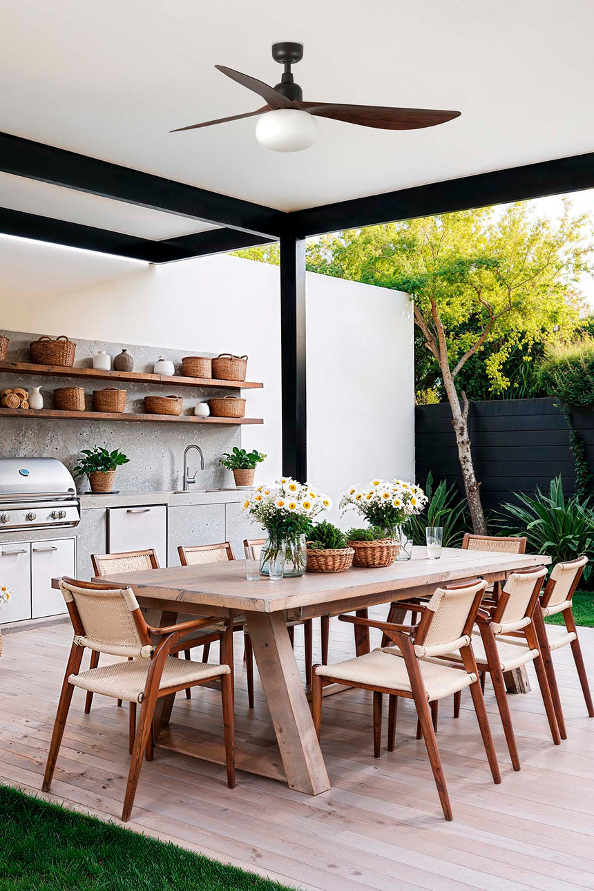 Ventilador de techo con luz Faro Outwood motor DC palas de madera LED nogal oscuro IP44 Ø150cm 3 palas 343621B