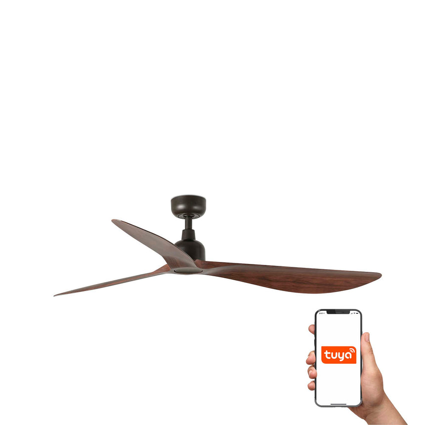 Ventilador de techo sin luz Faro Outwood motor DC palas de madera nogal oscuro IP44 Ø150cm 3 palas 34362WT