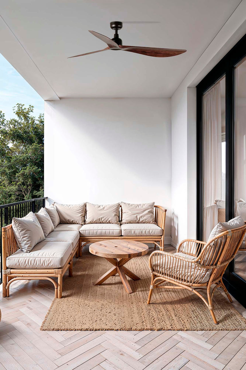 Ventilador de techo sin luz Faro Outwood motor DC palas de madera nogal oscuro IP44 Ø150cm 3 palas 34362WT