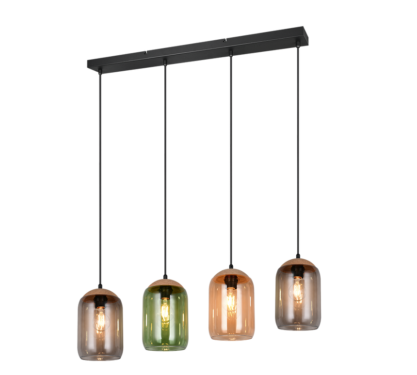 Lámpara de techo colgante Trio Cork 4 luces negro mate y ámbar 150cm 364600417