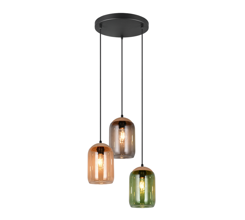Lámpara de techo colgante Trio Cork 3 luces vidrio multicolor y ámbar 150cm 364630317