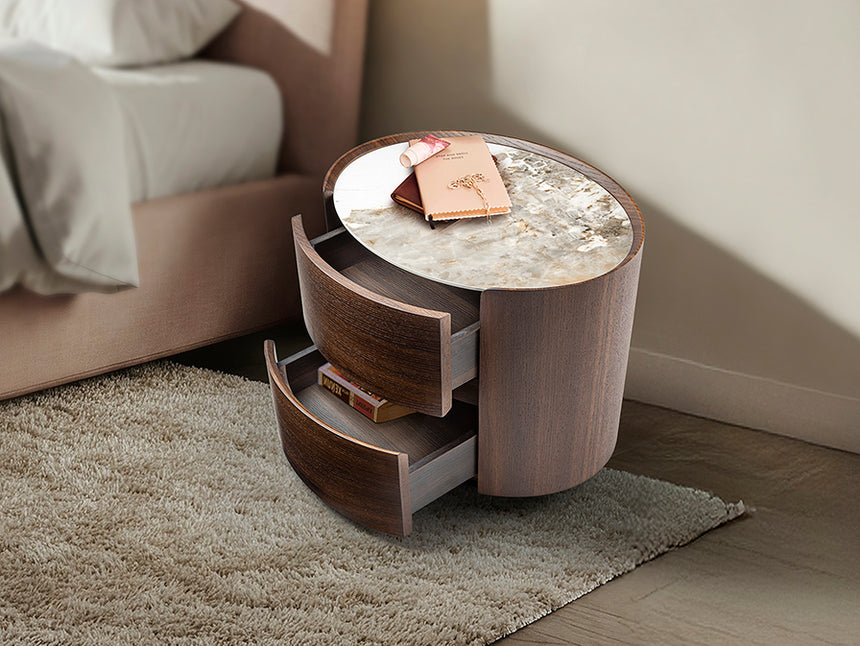 Mesita de noche Schuller Enoc roble y mármol veteado con cajones 60x48cm 411639