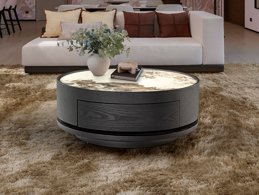 Mesa de centro Schuller Iza negro y mármol veteado giratoria con cajones 33cm 411905