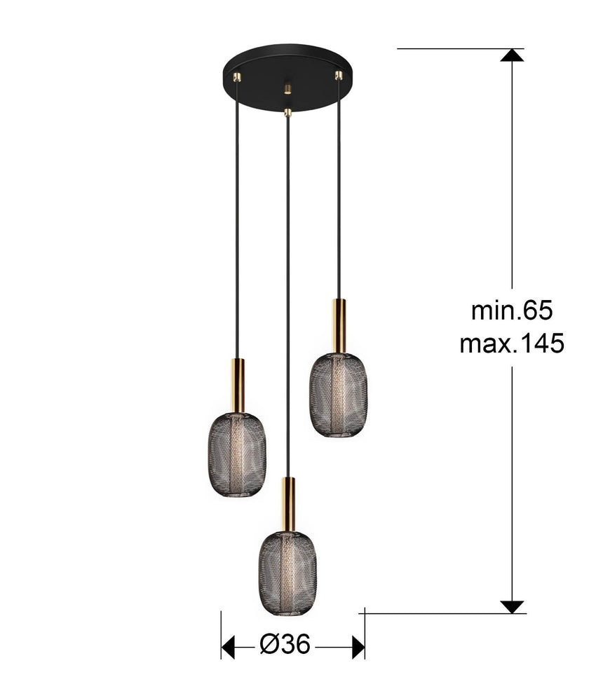 Lámpara de techo colgante Schuller Micrón 3 luces oro y negro 3000K Ø36cm dimensiones