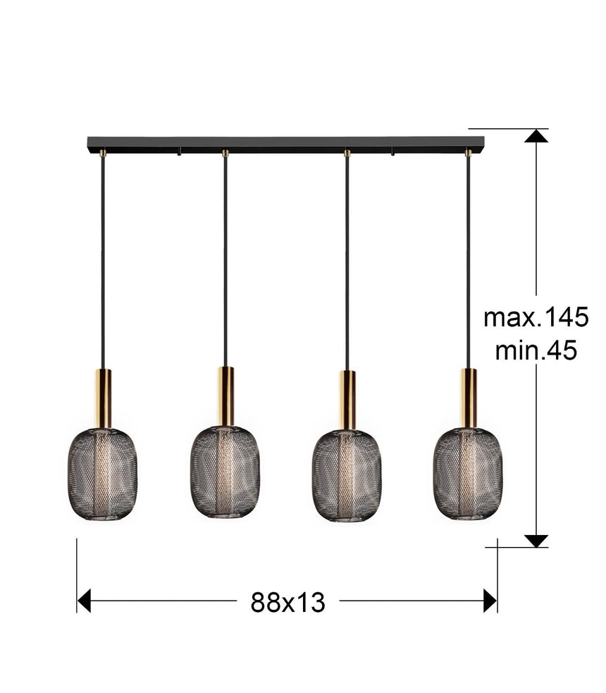 Lámpara de techo colgante Schuller Micrón 4 luces oro y negro 3000K dimensiones