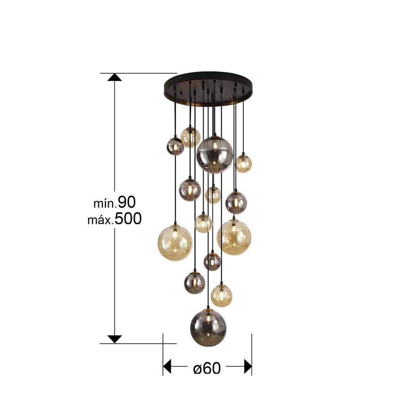 Lámpara de techo colgante bolas Schuller Dark grande 14 luces negro y latón 439015G dimensiones