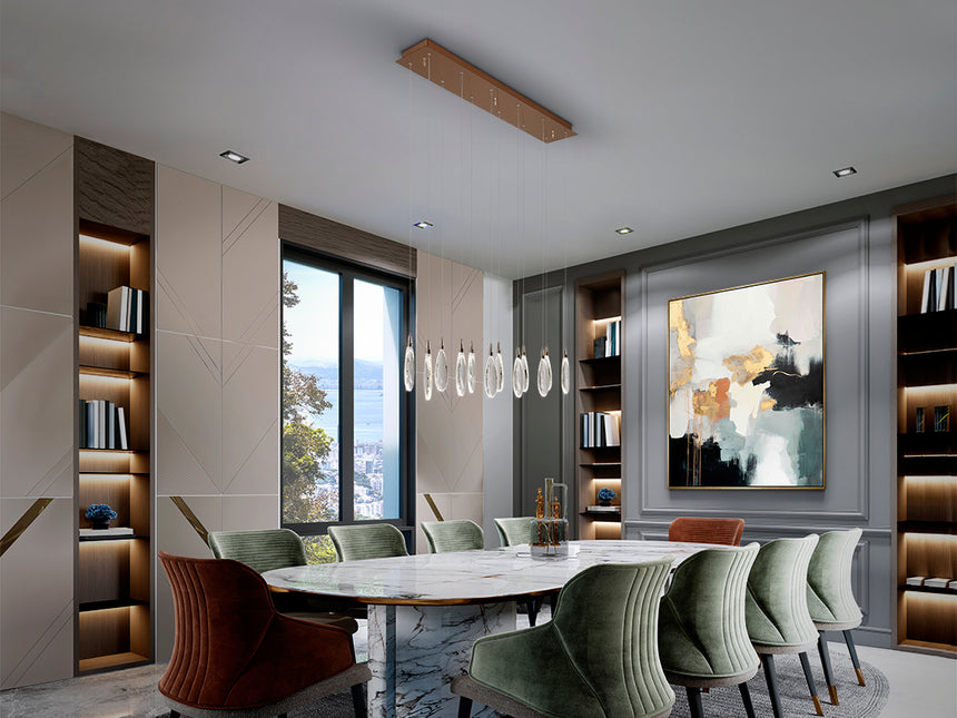 Lámpara de techo colgante Schuller Lágrimas 12 luces oro rosa acero CCT con mando 452311