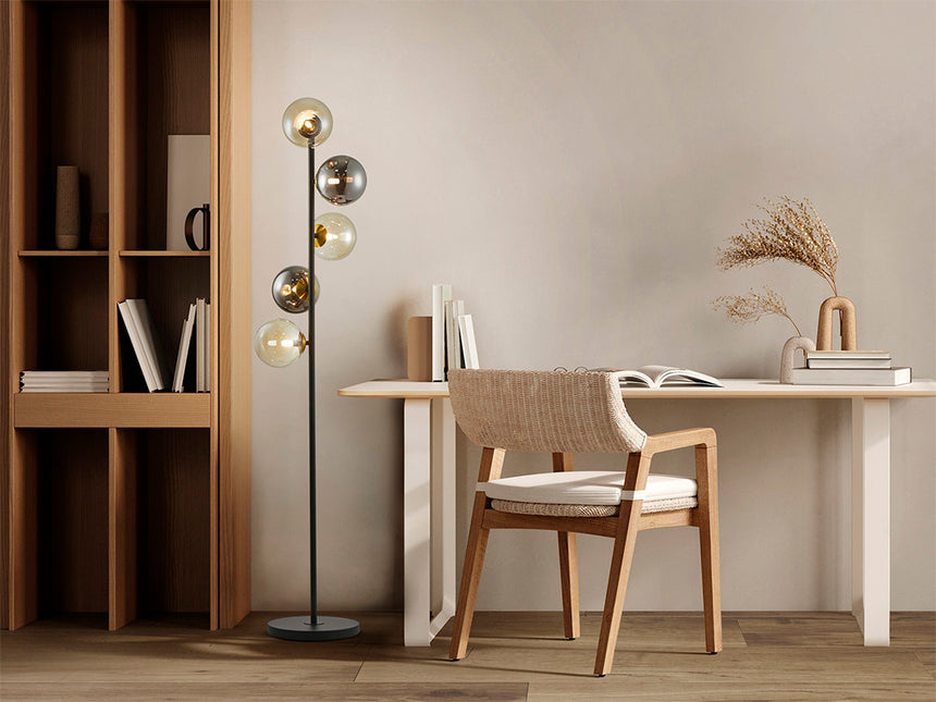 Schuller Inoa Lámpara Pie de salón bolas 5 luces negro smoke ámbar 494511