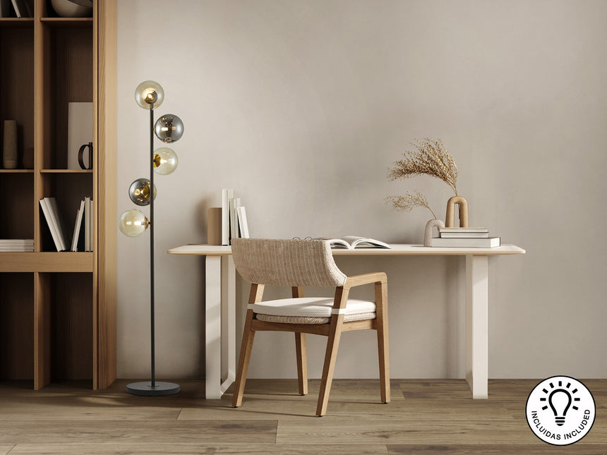 Lámpara de pie de salón bolas Schuller Inoa 5 luces negro y latón 159cm vista 1