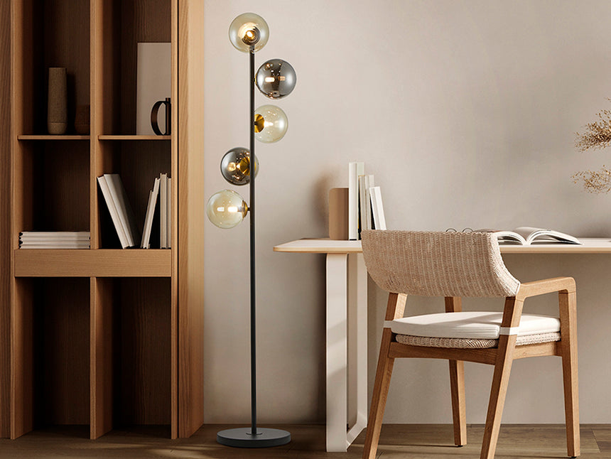 Schuller Inoa Lámpara Pie de salón bolas 5 luces negro smoke ámbar 494511