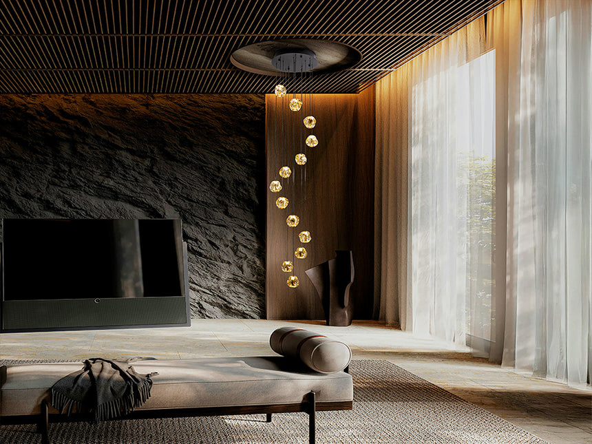 Schuller Zaria 13-light chandelier, black/bronze/amber, D60, dim, 502344