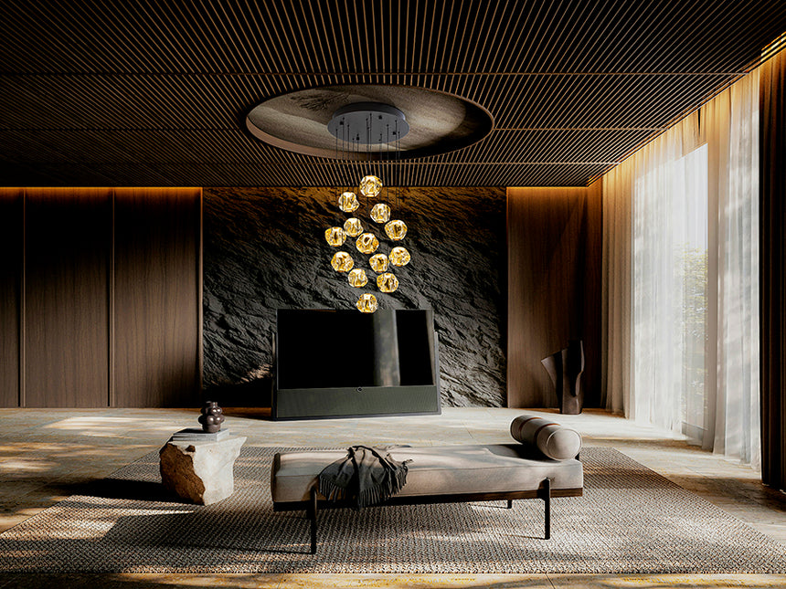 Schuller Zaria 13-light chandelier, black/bronze/amber, D60, dim, 502344