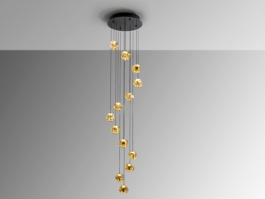 Schuller Zaria 13-light chandelier, black/bronze/amber, D60, dim, 502344