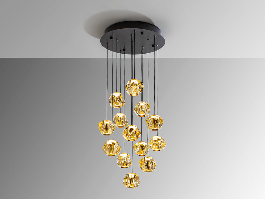 Schuller Zaria 13-light chandelier, black/bronze/amber, D60, dim, 502344