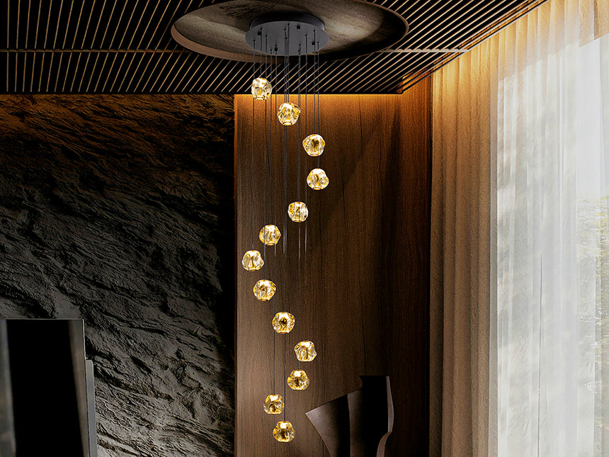 Schuller Zaria 13-light chandelier, black/bronze/amber, D60, dim, 502344