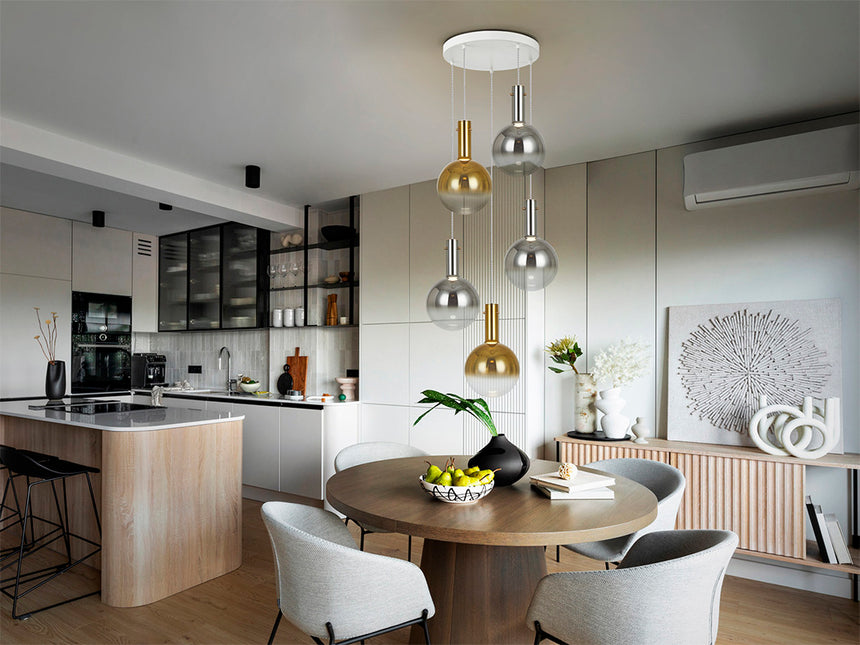 Schuller Matices Lámpara de techo colgante bolas 5 luces blanco Smoke oro 553869