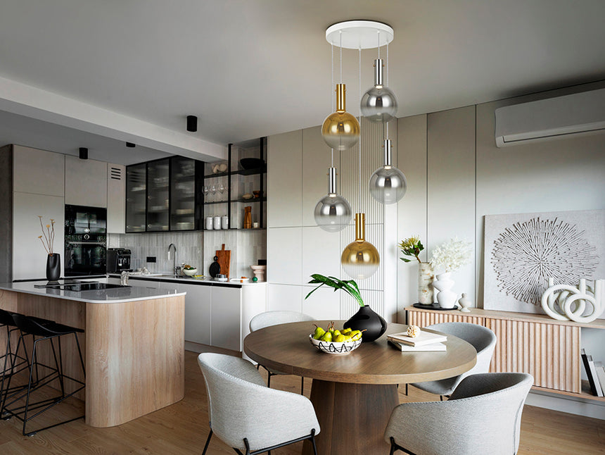 Schuller Matices Lámpara de techo colgante bolas 5 luces blanco Smoke oro 553869