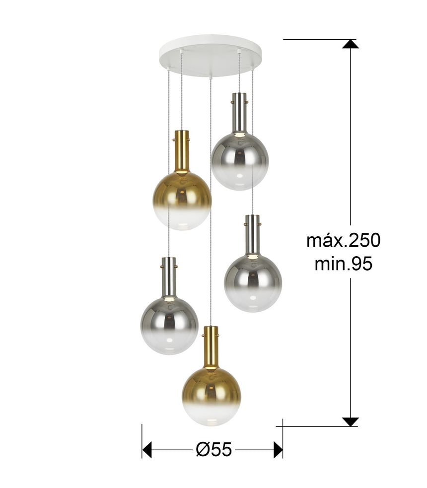 Lámpara de techo colgante Schuller Matices grande 5 luces blanco y smoke cristal soplado dimensiones