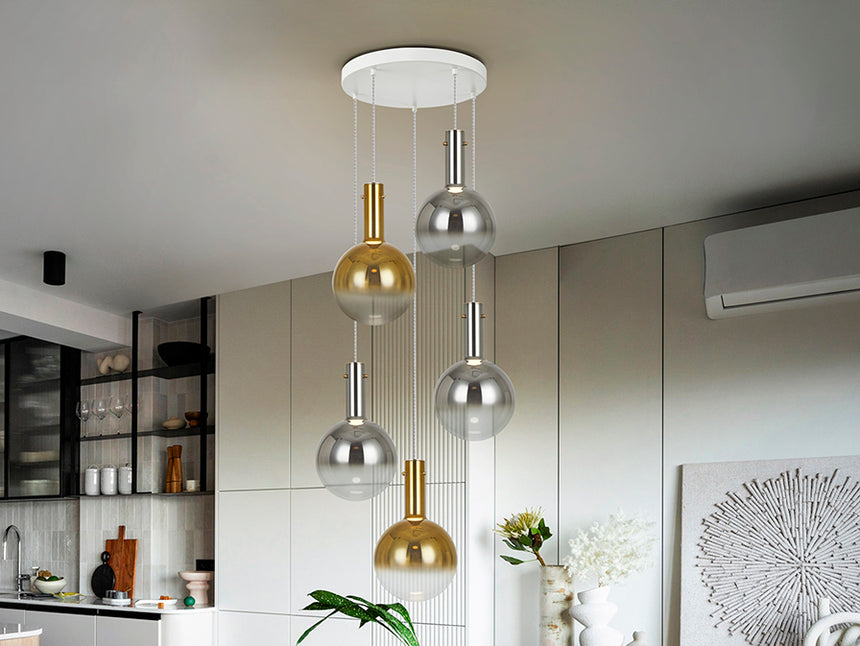 Schuller Matices Lámpara de techo colgante bolas 5 luces blanco Smoke oro 553869