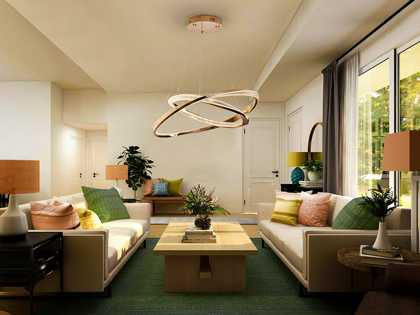 Lámpara de techo colgante de 2 aros Schuller Orbitas baño dorado y oro 3000K con mando 554107 - imagen 4
