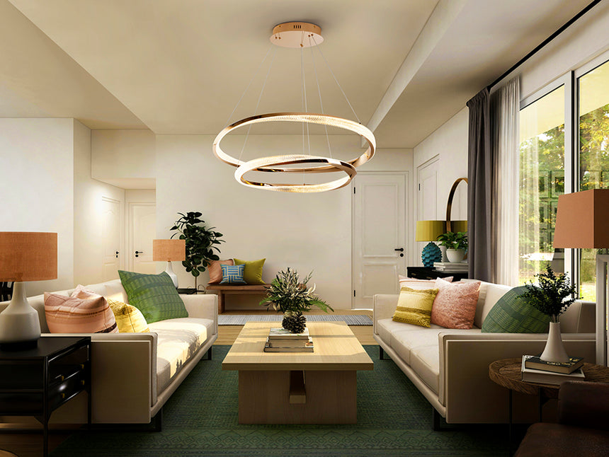 Lámpara de techo colgante de 2 aros Schuller Orbitas baño dorado y oro 3000K con mando 554107 - imagen 5