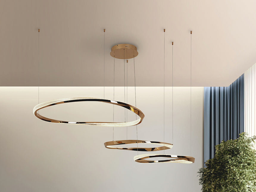 Lámpara de techo colgante de 3 aros Schuller Orbitas baño dorado y oro 3000K 554213