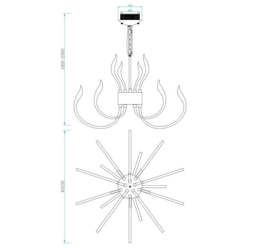 Plano de medidas - Mantra Versailles Lámpara de techo colgante LED cromo Ø103cm 5560