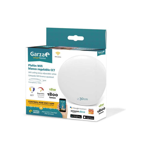 Garza Smarthome Plafón LED WiFi CCT 18w inteligente y programable, Intensidad y Tonalidad, control por voz, Alexa, iOS, Google