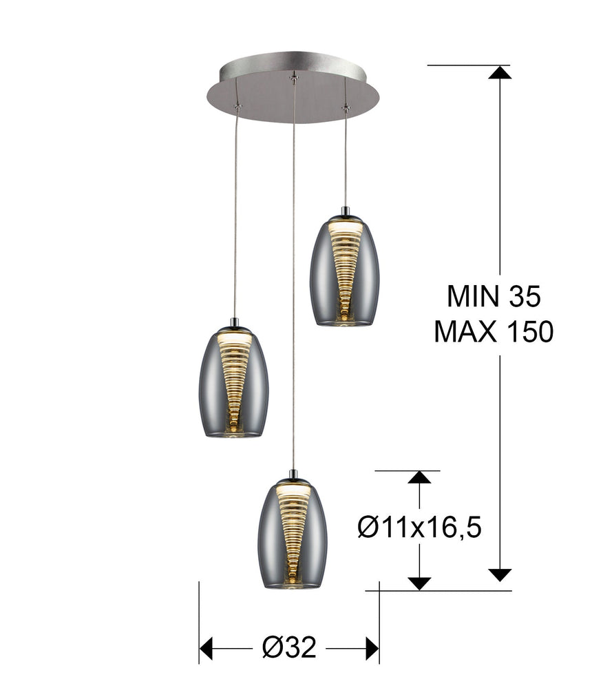 Medidas y dimensiones - Lámpara de techo colgante Schuller Nebula 3 luces cromo y espejado 3000K Ø32cm 584326